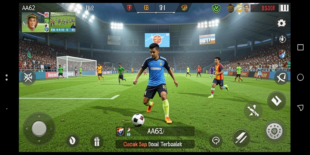Tampilan gameplay AA62 yang seru dan penuh aksi sepak bola.