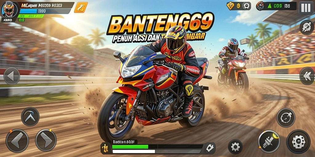 Tampilan gameplay seru dari BANTENG69 dengan aksi balapan motor.