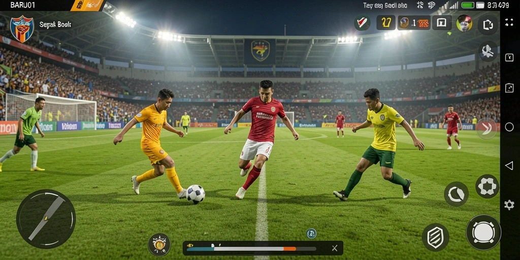 Screenshot permainan BARU01 menampilkan aksi di lapangan sepak bola yang intens.