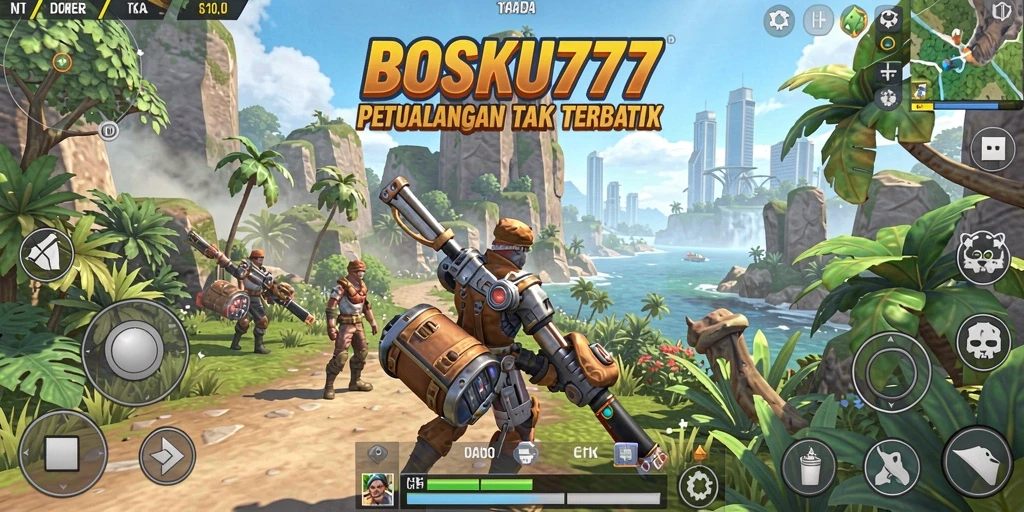 Screenshot menunjukkan karakter menjelajahi dunia terbuka yang luas dalam BOSKU777.