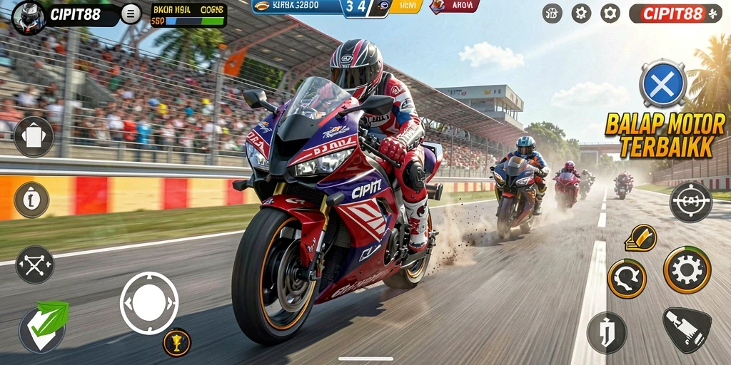 Tampilan gameplay seru dari CIPIT88 dengan balapan motor yang intens.