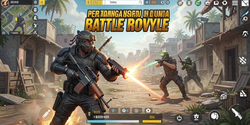 Tangkapan layar menunjukkan pertempuran epik dalam game Battle Royale.