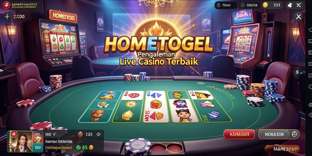 Screenshot utama HOMETOGEL menampilkan dealer langsung dan interaksi pemain.