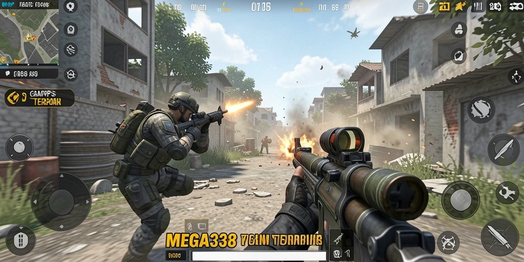 Tangkapan layar gameplay MEGA338 menampilkan aksi tembak-menembak yang intens.