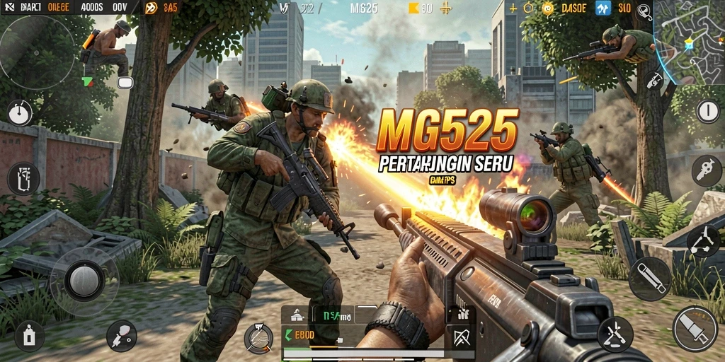 Screenshot utama MG525 menampilkan aksi tembak-menembak yang intens.