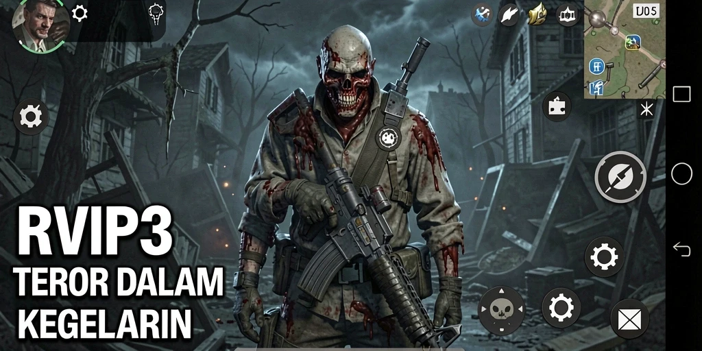 Screenshot gameplay RVIP3 yang menakutkan dengan suasana horor yang mencekam.