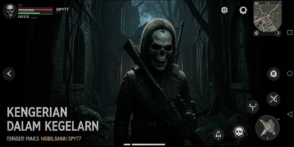 Screenshot gameplay SPY77 menampilkan suasana menyeramkan dan makhluk mengerikan.