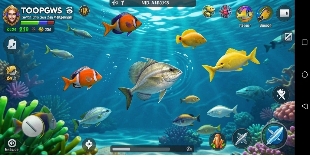 Screenshot gameplay TOOPGWS yang menunjukkan aksi menembak ikan.
