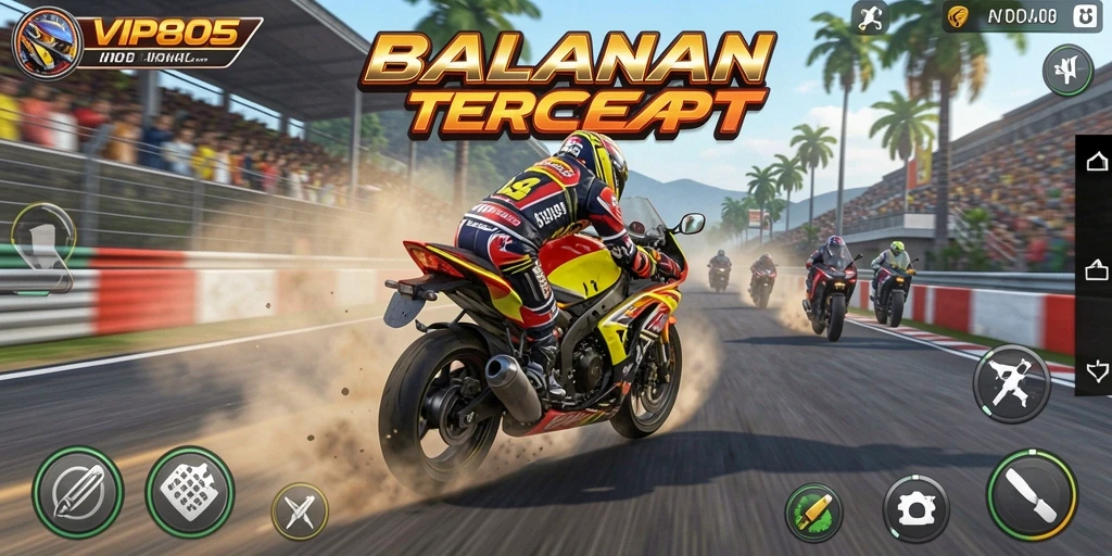 Tampilan gameplay menegangkan di VIP805 dengan balapan motor yang seru.